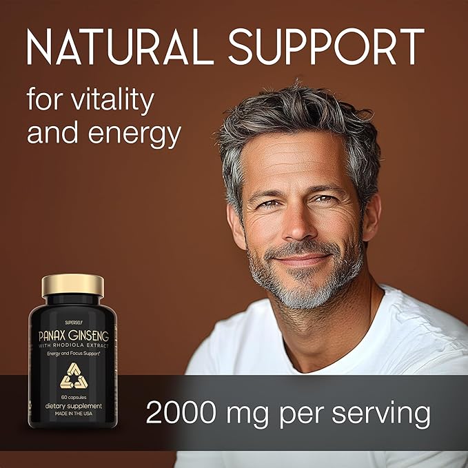 Panax Ginseng and Rhodiola Rosea 2000mg - Korean Ginseng High Strength 60 Capsules - Herbal Supplement for Men & Women - Energy Complex with Ginseng Root Extract Standardized 7% Ginsenosides - US Made