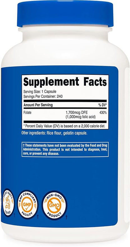 Nutricost Folic Acid (Vitamin B9) 1000 mcg, 240 Capsules (2 Bottles)