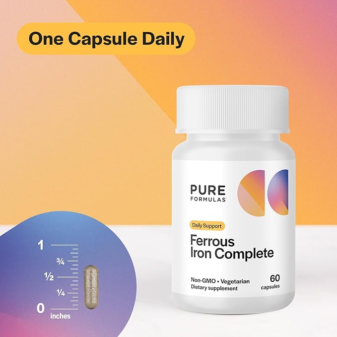 Ferrous Iron Complete: 29 mg Iron Supplement Iron with Vitamin C, Vitamin B12, B6, Thiamin and Folate Blood Support Supplement for Men & Women Without GI Side Effects - 60 Capsules