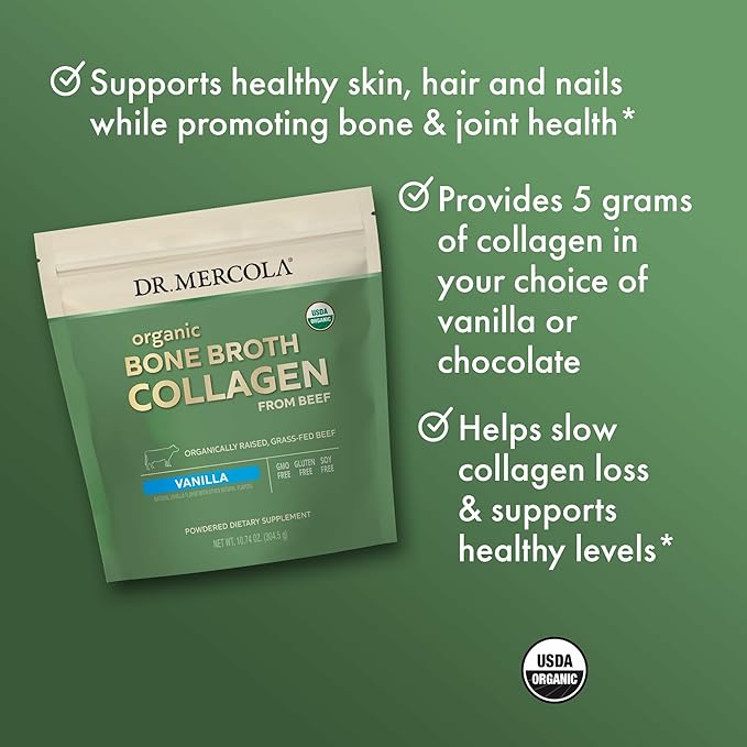 Dr. Mercola Organic Bone Broth Collagen Powder - Supports Bone Health & Muscle Growth - USDA Organic, Non-GMO, Gluten-Free & Dairy-Free - 30 Servings - Vanilla Flavor