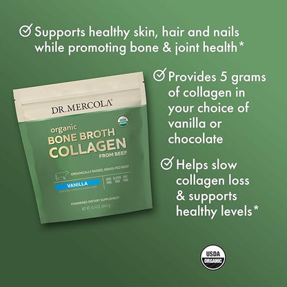 Dr. Mercola Organic Bone Broth Collagen Powder - Supports Bone Health & Muscle Growth - USDA Organic, Non-GMO, Gluten-Free & Dairy-Free - 30 Servings - Vanilla Flavor
