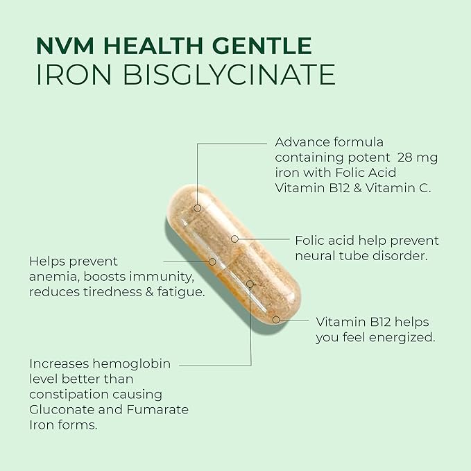 Gentle Iron Supplement for Adults I Iron bisglycinate with Vitamin C, B12, Folic Acid I Supports Red Blood Cell Formation & boosts Immunity - 90 Vegeterian Capsules, Gluten Free