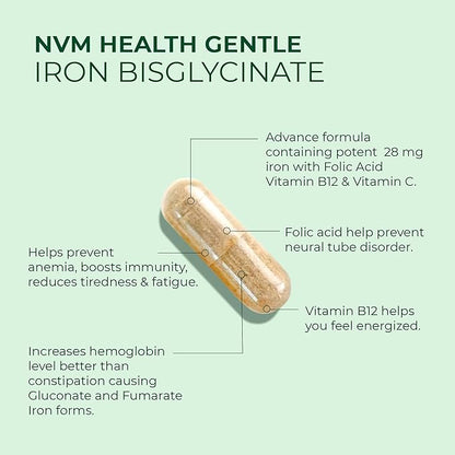 Gentle Iron Supplement for Adults I Iron bisglycinate with Vitamin C, B12, Folic Acid I Supports Red Blood Cell Formation & boosts Immunity - 90 Vegeterian Capsules, Gluten Free