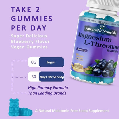 Magnesium L-Threonate Gummies with Apigenin L-Theanine Cat Claw Ginkgoo Biloba Fiber VIT D3 K2 B6 Coq10, Focus Memory Brain Support, Magnesium Threonate Gummies Sugar Free Keto Vegan - Blueberry