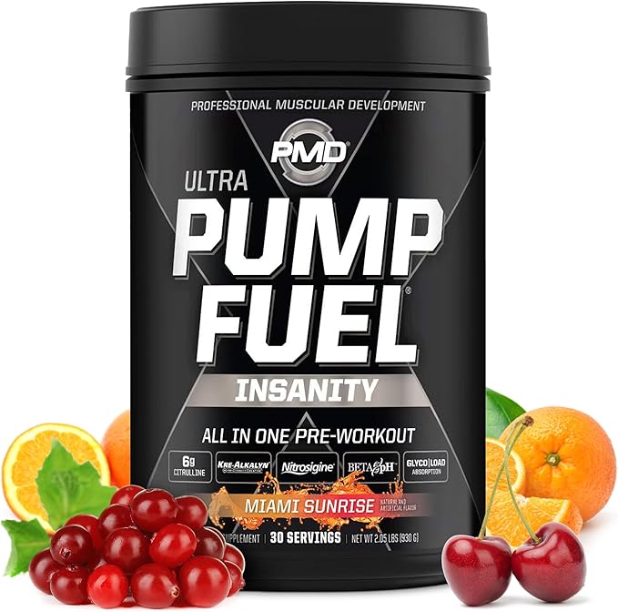 PMD Sports Ultra Pump Fuel Insanity - Pre Workout Drink Mix for Energy, Strength, Endurance, Recovery - Complex Carbohydrates and Amino Energy - Miami Sunrise (30 Servings)