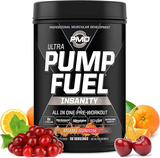 PMD Sports Ultra Pump Fuel Insanity - Pre Workout Drink Mix for Energy, Strength, Endurance, Recovery - Complex Carbohydrates and Amino Energy - Miami Sunrise (30 Servings)