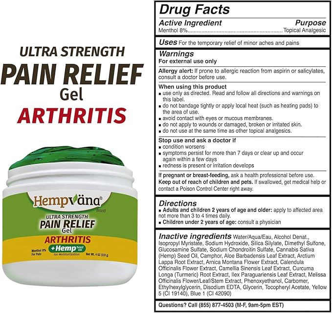 Hempvana Arthritis Pain Relief Gel, Ultra-Strength for Arthritis in Muscles & Joints. Enriched with Hemp Seed Oil, AS-SEEN-ON-TV. Non-Greasy. Targeted Long-Lasting Arthritis Relief. Works Fast, 4 Oz.