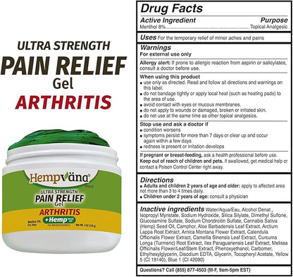 Hempvana Arthritis Pain Relief Gel, Ultra-Strength for Arthritis in Muscles & Joints. Enriched with Hemp Seed Oil, AS-SEEN-ON-TV. Non-Greasy. Targeted Long-Lasting Arthritis Relief. Works Fast, 4 Oz.