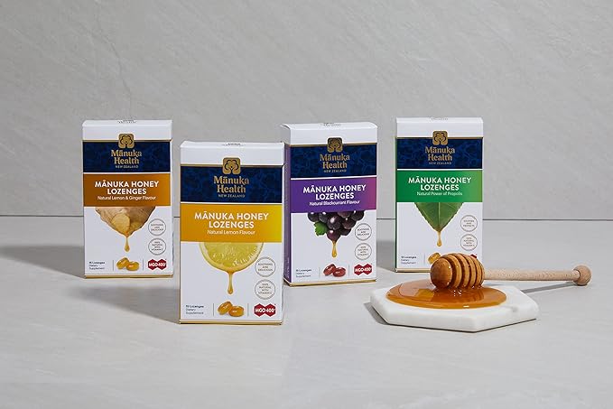 Manuka Health MGO 400+ Manuka Honey Lozenges, Pack 4, Variety Pack - Lemon, Honey & Propolis, Blackcurrant, Lemon & Ginger