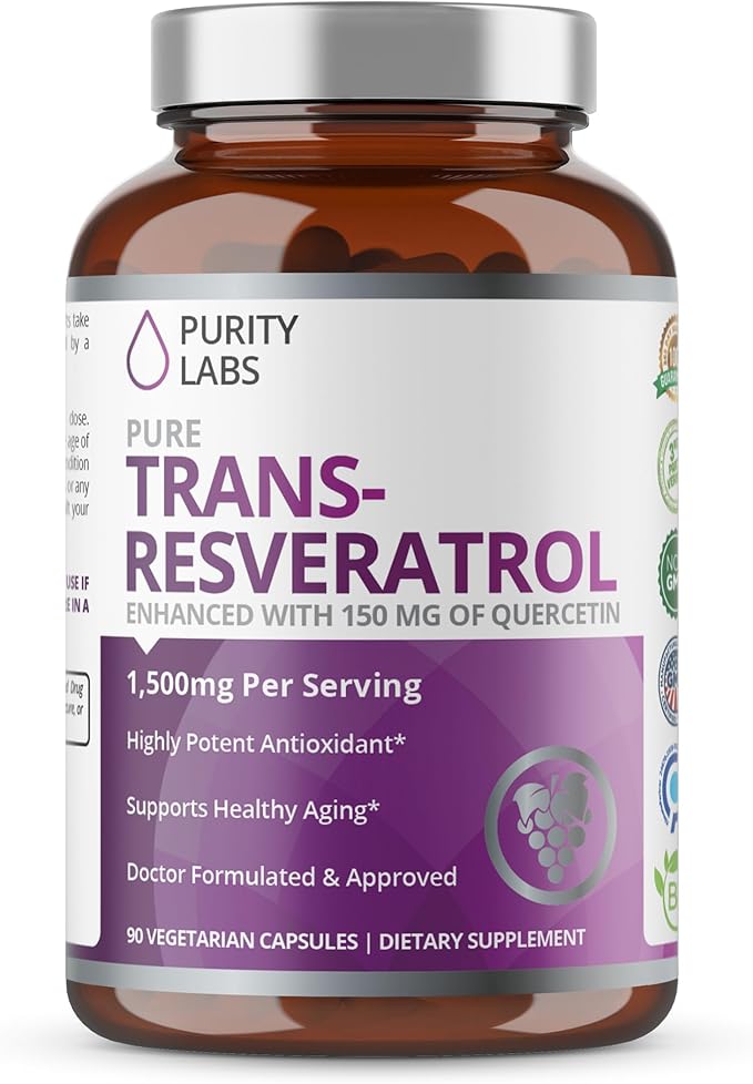 Purity Labs Pure Organic Trans-Resveratrol - Vegan Supplements for Heart, Skin, Hair, Nails - Supplement - 90 Capsules