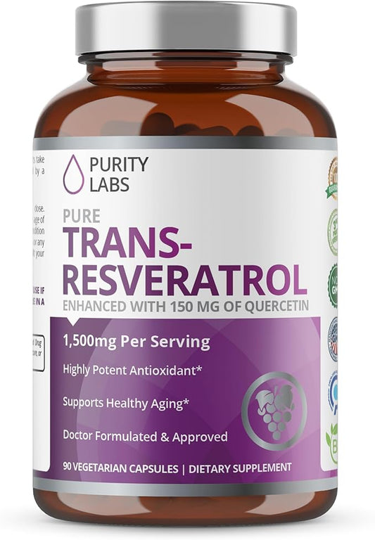 Purity Labs Pure Organic Trans-Resveratrol - Vegan Supplements for Heart, Skin, Hair, Nails - Supplement - 90 Capsules