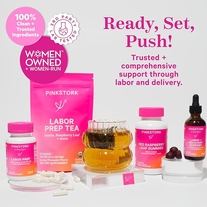 Pink Stork Labor Prep and Recovery Tincture with Red Raspberry Leaf - Natural Third Trimester & Postpartum Essentials, 9 Herbs for Gentle Birth, Uterine Support, & Hormone Balance - 2 oz