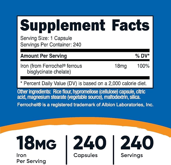 Nutricost Chelated Iron (from Ferrochel) 18mg, 240 Capsules - Gluten Free, Non GMO Iron Chelate Supplement