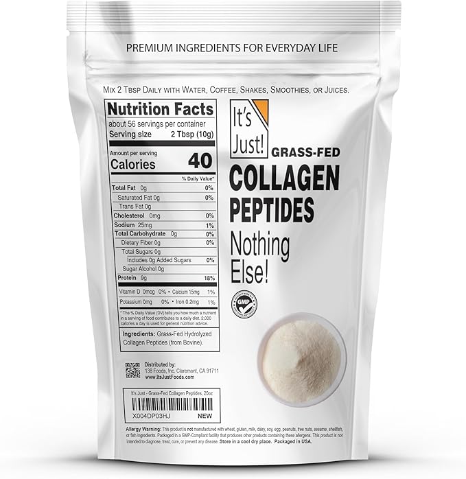 It's Just! - Collagen Protein Powder, 1.25lbs, Type I & III, Pure Hydrolyzed Grass-Fed Collagen Peptides, Dissolves Quickly, Unflavored, 20oz
