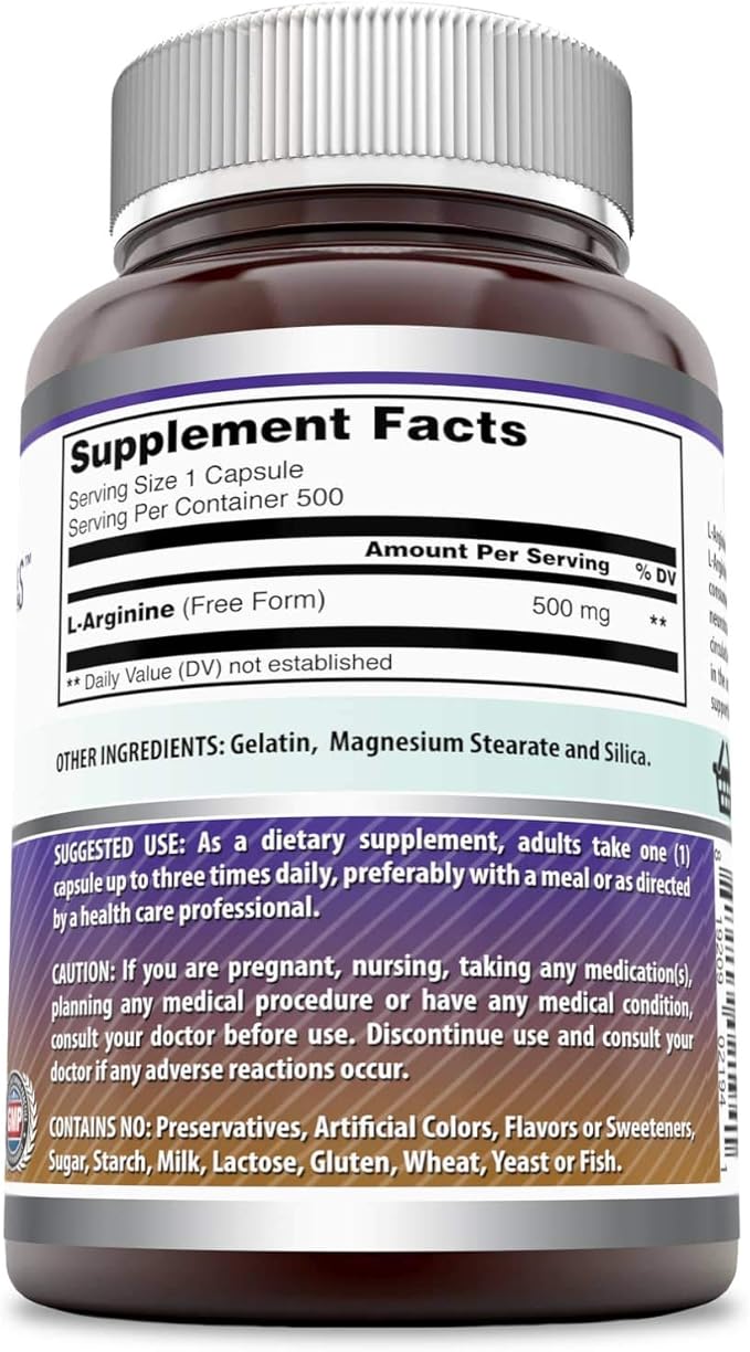 Amazing Formulas L-Arginine Supplement | 500 Mg Per Serving | Capsules | Amino Acid Supplement for Men & Women | Non-GMO | Gluten Free | Made in USA (500 Count)