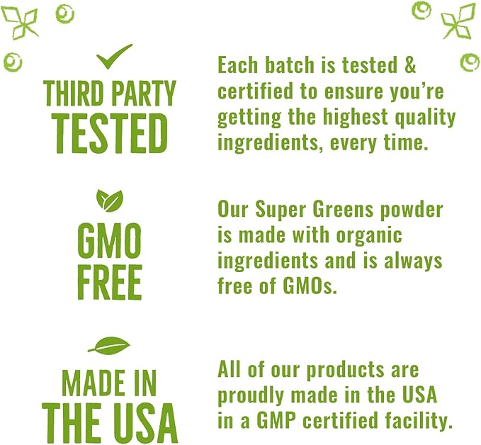 Super Greens Powder Organic Blend: Non-GMO Supplement, Includes Spirulina, Alfalfa, Spinach, Probiotics, Fiber and Digestive Enzymes, No Artificial Sweeteners, 30 Servings