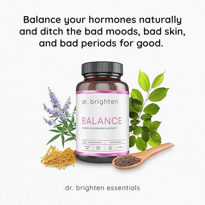 Dr. Brighten Balance - Hormone Balance for Women with Chasteberry and DIM - Targets Hormonal Acne, Period Issues, & PMS - Vegan, Non-GMO