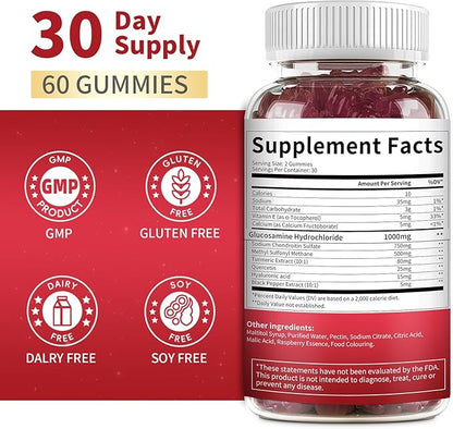 Glucosamine Chondroitin Gummies Triple Strength (1,000mg Glucosamine,750mg Chondroitin) with MSM, Turmeric, Quercetin, Vitamin E, Joint Support Supplement, Antioxidant 60 Gummies Raspberry Flavor
