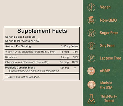 Akkermansia Probiotic for Healthy Weight | Naturally Increases GLP-1 | 60 Day Supply | Made in USA | Contains Bacillus Coagulans, Vitamins B2, D3 & Chromium | SIBO Friendly, Vegan & Gluten Free
