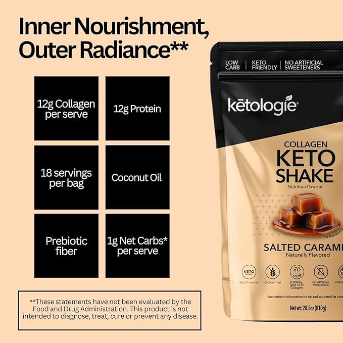Keto Collagen Shake (Salted Caramel) - with Coconut Oil, Prebiotics, Grass Fed Hydrolyzed Collagen Peptides Type I & III, Low Carb, Gluten Free,1.78lbs. (810g)