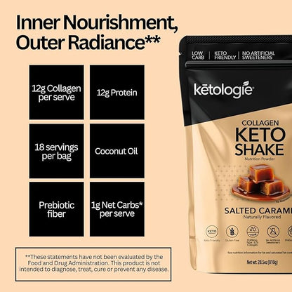 Keto Collagen Shake (Salted Caramel) - with Coconut Oil, Prebiotics, Grass Fed Hydrolyzed Collagen Peptides Type I & III, Low Carb, Gluten Free,1.78lbs. (810g)
