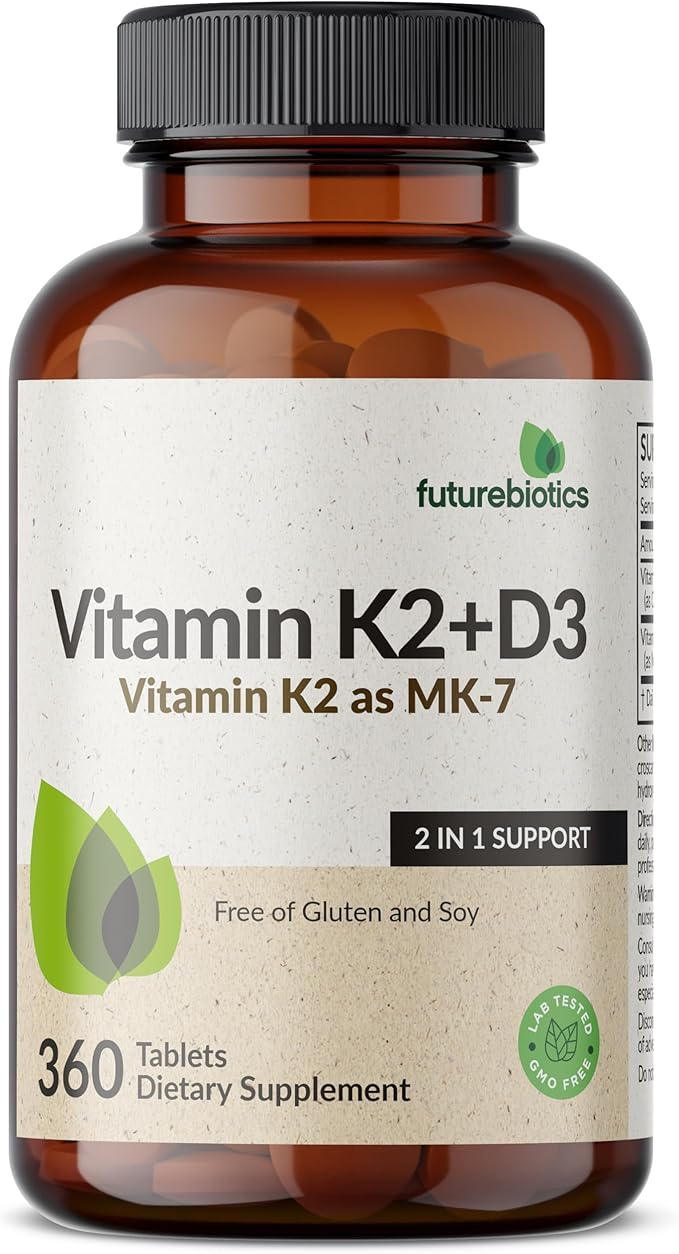 Futurebiotics Vitamin K2 with D3, 2 in 1 Support, 5000 IU Vitamin D3 & 90 mcg Vitamin K2 MK-7 Non-GMO, 360 Tablets