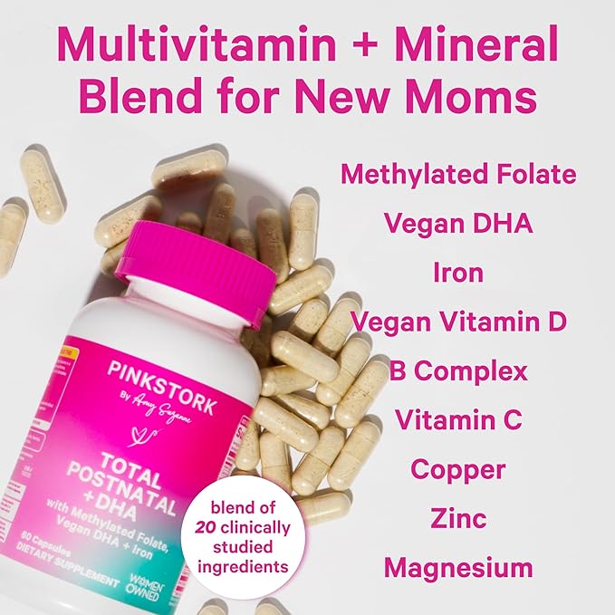 Pink Stork Total Postnatal Vitamins for Women with Vegan DHA, Iron, Folate, and Vitamin B12, Postpartum Recovery Essentials, Daily Supplement for Breastfeeding Moms - 3 Month Supply