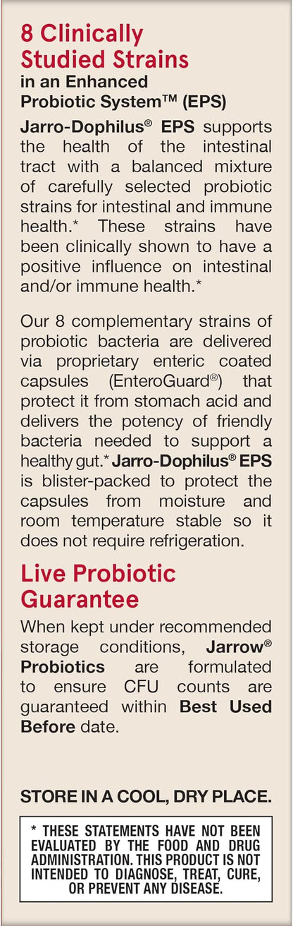 Jarrow Formulas Jarro-Dophilus EPS Gut Restore Probiotics 25 Billion CFU With 8 Clinically-Studied Strains, Dietary Supplement for Intestinal and Immune Support, 30 Veggie Capsules, 30 Day Supply