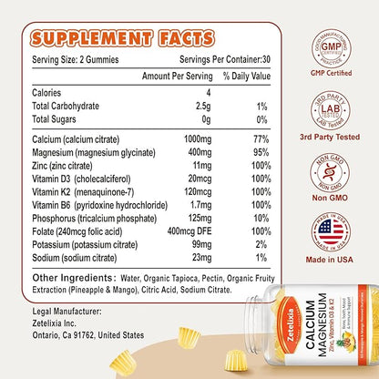 Calcium Gummies for Women Men, Calcium Magnesium Zinc with Vitamin D3 & K2, Calcium Magnesium Supplement for B0nes Muscles, Pineapple & Mango Flavor - 120 Count