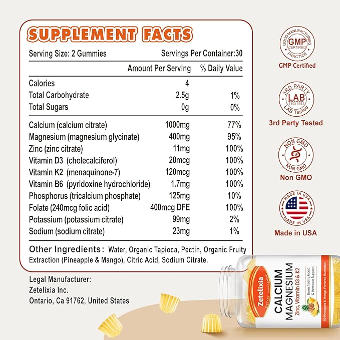 Calcium Gummies for Women Men, Calcium Magnesium Zinc with Vitamin D3 & K2, Calcium Magnesium Supplement for B0nes Muscles, Pineapple & Mango Flavor - 60 Count