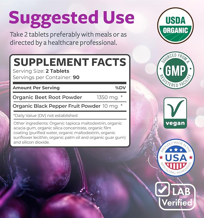 Organic Beet Root Powder Tablets - Extra Strength Beet Supplement with Black Pepper Extract for Enhanced Absorption to Support Heart Health Nitric Oxide Production & Athletic Performance (3 Months)