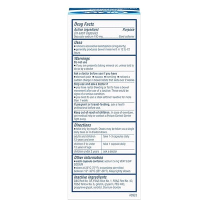 Colace Regular Strength Stool Softener 100 mg Capsules 100 Count Docusate Sodium Stimulant-Free for Gentle, Dependable Occasional Constipation Relief