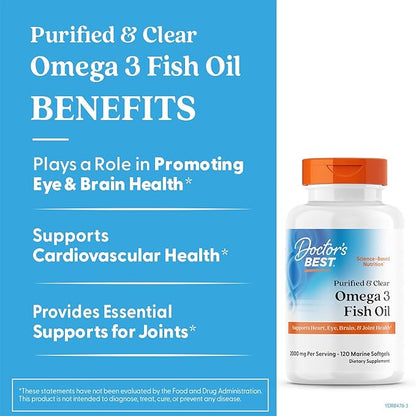 Doctor's Best Purified & Clear Omega 3 Fish Oil with Goldenomega, Supports Heart, Eye, Brain, & Joint Health, Non-GMO, Gluten Free 120 Marine Softgels
