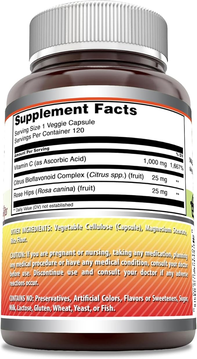 Amazing Formulas Vitamin C (Ascorbic Acid) 1000 Mg with Rose HIPS & Citrus Bioflavonoids | Veggie Capsules Supplement | Non-GMO | Gluten Free | Made in USA (120 Count)