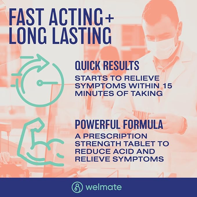 WELMATE - Famotidine Acid Reducer, 20mg - Maximum Strength - Heartburn Relief - Acid Indigestion - Stomach Relief - Works in 15 Minutes, 12 Hour Relief - Generic Medication - Value Size - 300 Tablets