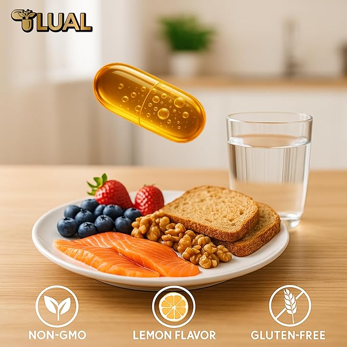 LUAL Omega-3 Fish Oil Softgels – 1000mg with EPA and DHA, Lemon Flavor, Burpless, Non-GMO Formula for Heart, Brain, and Overall Wellness – 120 Count