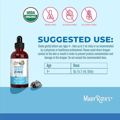 MaryRuth Organics Zinc Supplement for Immune Support, Immune Support Supplement for Kids, Ages 4-13, Zinc Sulfate, Vegan, USDA Organic, Glycerin Based, 2 Fl Oz