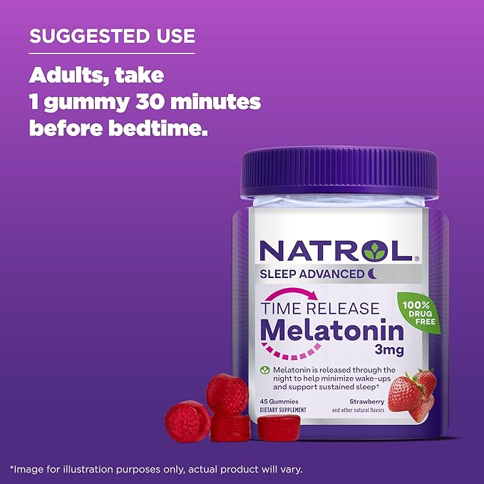 Natrol Time Release Melatonin Gummies, Sleep Support for Adults, 3 mg Melatonin Supplements for Sleep Support, 45 Strawberry-Flavored Gummies, Up to a 45 Day Supply
