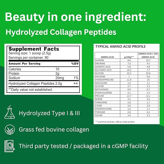 Bioactive Hydrolyzed Collagen Peptides Powder (90 Servings) | Type I & III with VERISOL & 18 Amino Acids | Non-GMO, Grass Fed, Gluten Free, Keto-Friendly