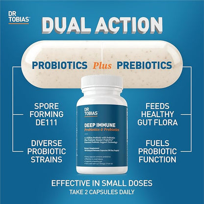 Dr. Tobias Deep Immune Probiotics & Prebiotics, Dual Action Digestion & Immune Support with PreforPro Prebiotics & Delayed Release Spore Forming Probiotics for Women & Men, 180 Capsules, 90 Servings