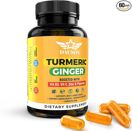 Turmeric Supplement with Ginger, Piperine, Vitamins & Zinc | High Bioavailability Joint Support | Gut, Heart, Brain & Skin Health | Curcumin Immune Booster | 60 Capsules