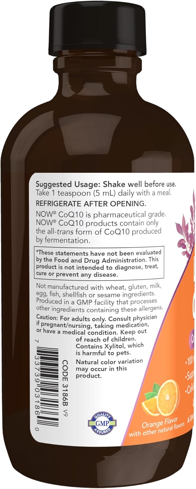 NOW Supplements, CoQ10 Liquid, 100 mg per Teaspoon, with Co-enzyme B Vitamins, Sweetened with Xylitol, 4-Ounce