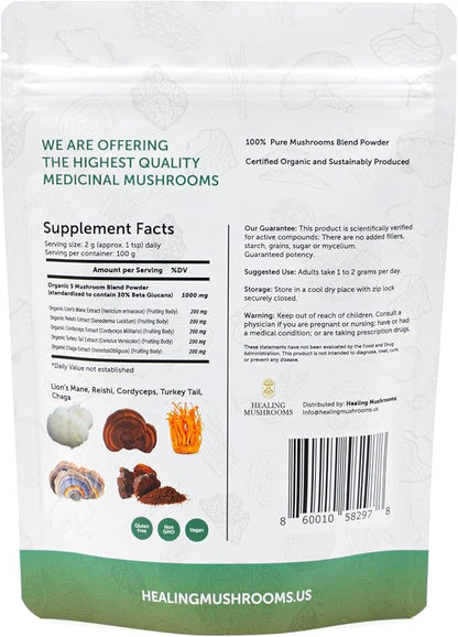 5 Mushrooms Power Bland, Organic Powder with Lions Mane, Reishi, Cordyceps, Turkey Tail, Chaga. 100 Grams