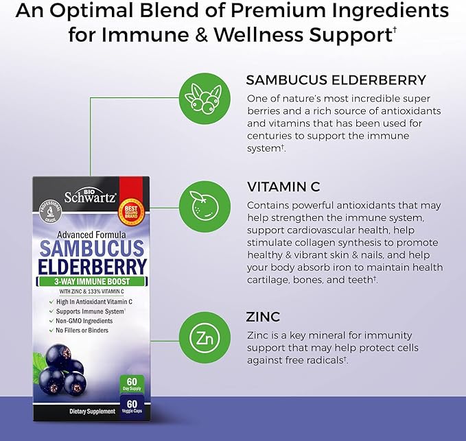 Elderberry Capsules with Zinc and Vitamin C for Adults - Immune Support Vitamins for Women and Men - Black Sambucus Elderberry Vitamin C and Zinc - Immune Defense Multiminerals Supplement, 60 Count