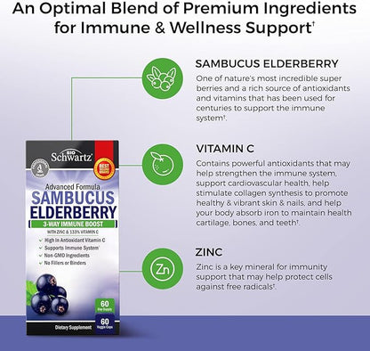 Elderberry Capsules with Zinc and Vitamin C for Adults - Immune Support Vitamins for Women and Men - Black Sambucus Elderberry Vitamin C and Zinc - Immune Defense Multiminerals Supplement, 60 Count