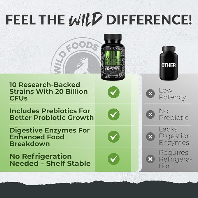 Wild Prebiotics and Probiotics with Digestive Enzymes | 20 Billion CFU - 10 Strains for Women & Men | Support Gut Health & Digestion Supplements | Non-GMO Prebiotic Fiber | 30 Count (Pack of 2)