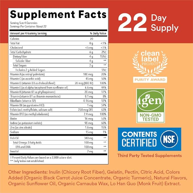 SmartyPants Kids Multivitamin Gummies and Fiber Supplement: Vitamin D3, C, Vitamin B12, B6, A, Zinc, Biotin, Inositol, Fiber Gummies, Three Fruit Flavors, 90 Count (22 Day Supply)