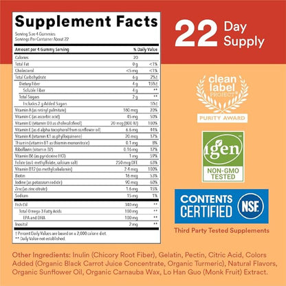SmartyPants Kids Multivitamin Gummies and Fiber Supplement: Vitamin D3, C, Vitamin B12, B6, A, Zinc, Biotin, Inositol, Fiber Gummies, Three Fruit Flavors, 90 Count (22 Day Supply)