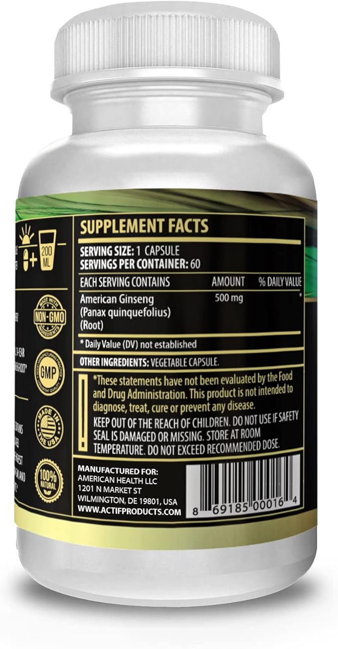 Actif American Ginseng - 100% Authentic 10 Year Old Ginseng, Non-GMO, 500mg - Made in USA