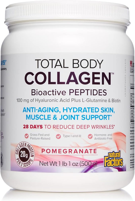 Natural Factors Total Body Collagen, Bioactive Peptides Powder for Healthy Skin, Hair & Joints, Pomegranate, 500 g